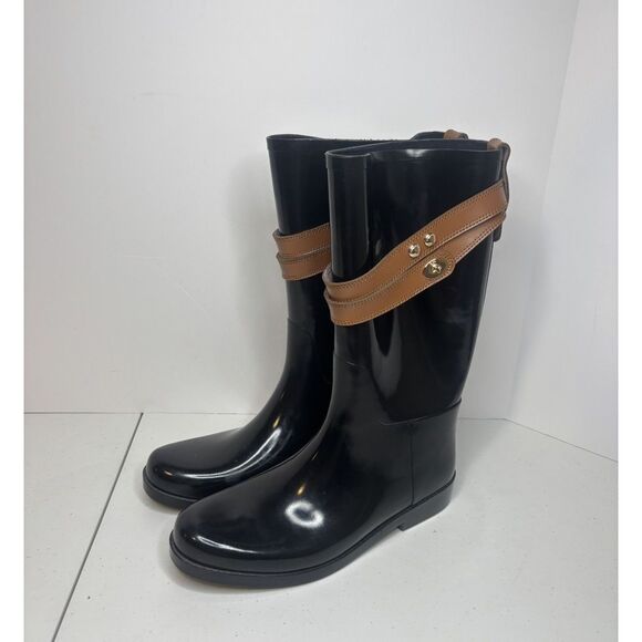 Coach Talia Rain Boots Black Rubber Brown Leather Straps Designer Women NWT - Picture 1 of 12